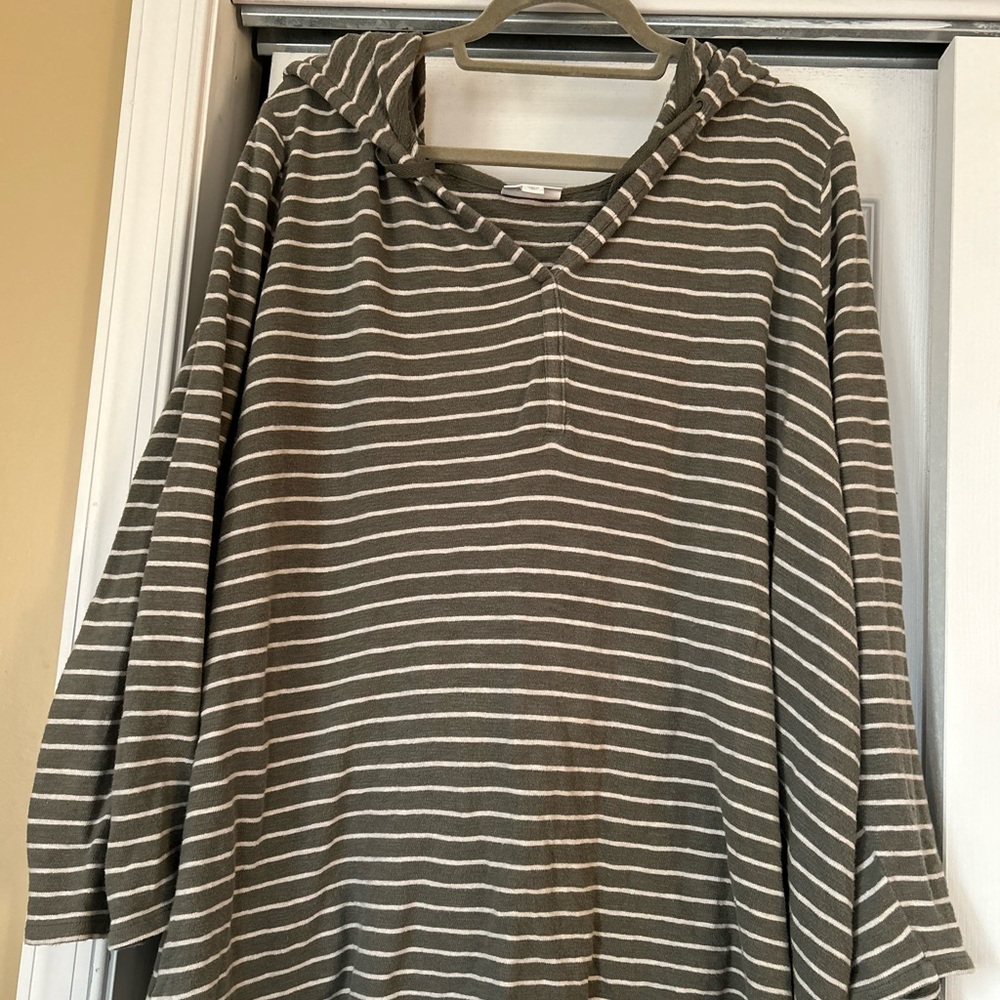 J. Jill 2X Striped Hooded Long-Sleeve Top - Olive/White